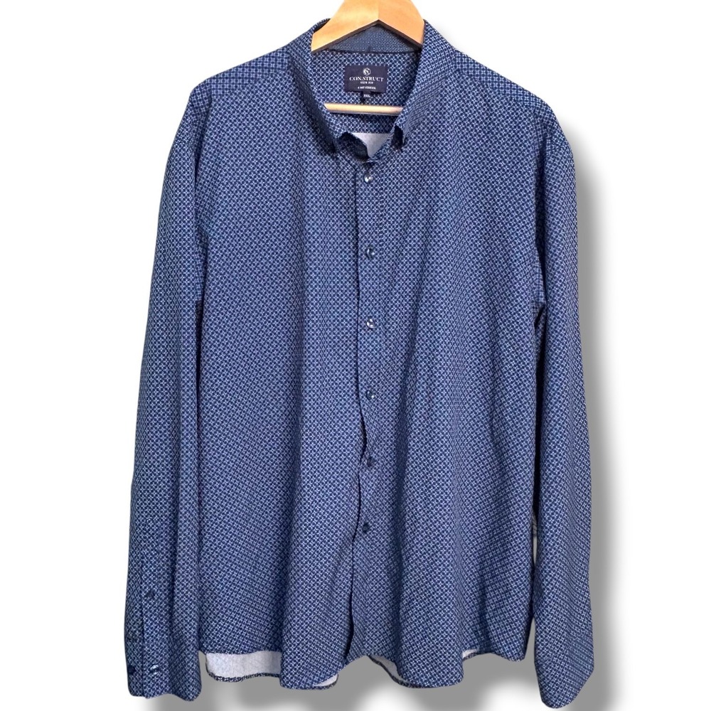 Con.Struct Mens XXL Slim Fit 4 Way Stretch Blue Geometric Long‎ Sleeve Shirt